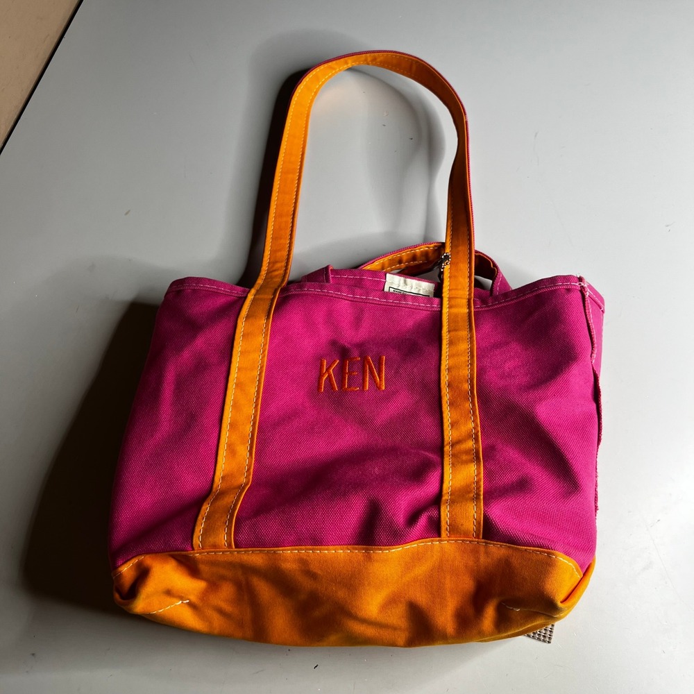 LL Bean Boat and Tote Pink Orange Canvas Bag Made in USA Monogrammed Ken Small
